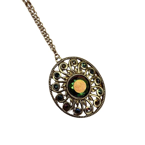 Peacock Colored Rhinestone Gold Pendant Necklace - Picture 1 of 6